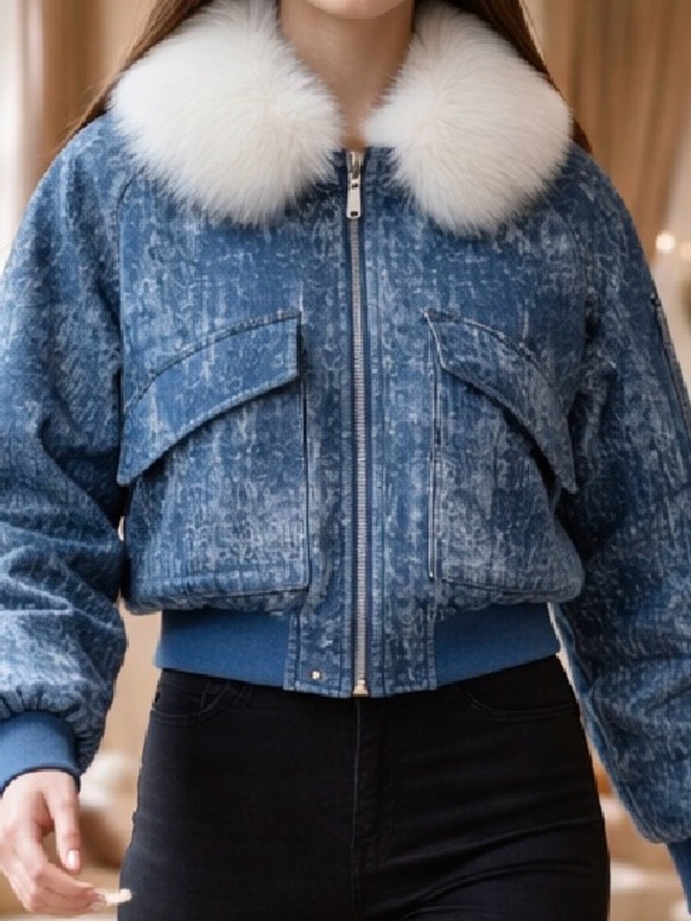 FABULOUS PARISIAN FAUX FUR TRIM DENIM BOMBER JACKET